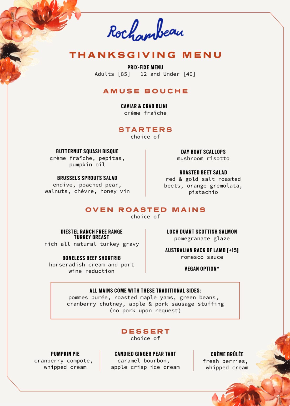 Celebrate Thanksgiving at Rochambeau | Prix-Fixe Menu in Back Bay
