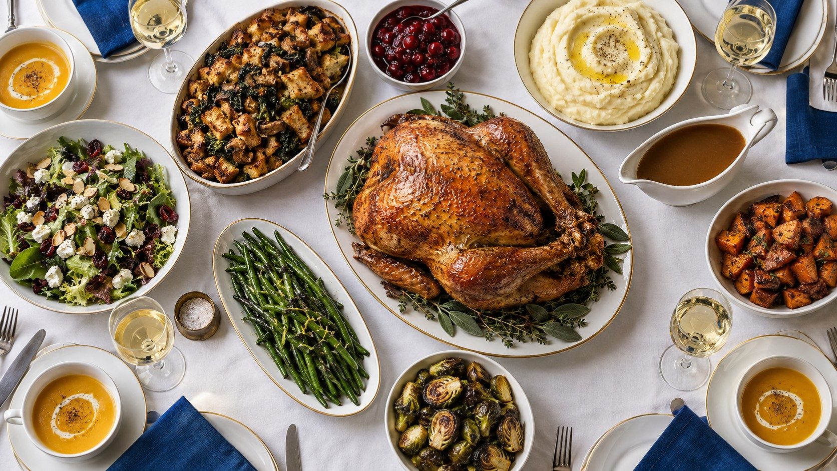 The Thanksgiving dinner on a white tablecloth, seen from above: a whole roasted turkey with the sides around it.
